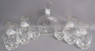 Gleneagles crystal decanter and 6 glasses along with 4 gold rimmed glasses decorated with swans