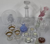 Selection of glassware -  2 x bird design figurines, decanter with unmatched stopper, glass tealight