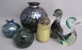 Iridescent glass vases, Wedgwood owl paperweight, duck paperweights and bubble globular paperweight