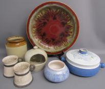 Collection of stoneware and pottery includes large dish approx. 41.5cm, cooking pot, vase, salt