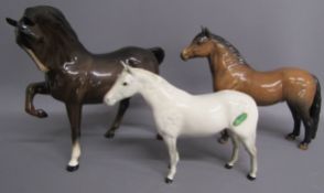3 Beswick horses - dark 1549 horse with leg tucked, Dartmoor 'Jentyl' pony 1642 & small dapple