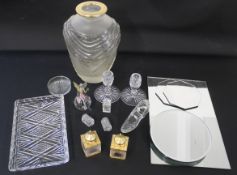 Selection of glass, large vase with gilt rim 30cm, candlesticks, etc,  ornament display mirrors