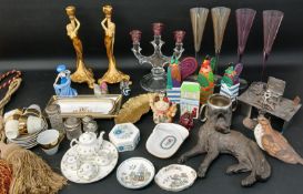 Selection of decorative items including pair of Art Nouveau style candlesticks, set of 4 champagne