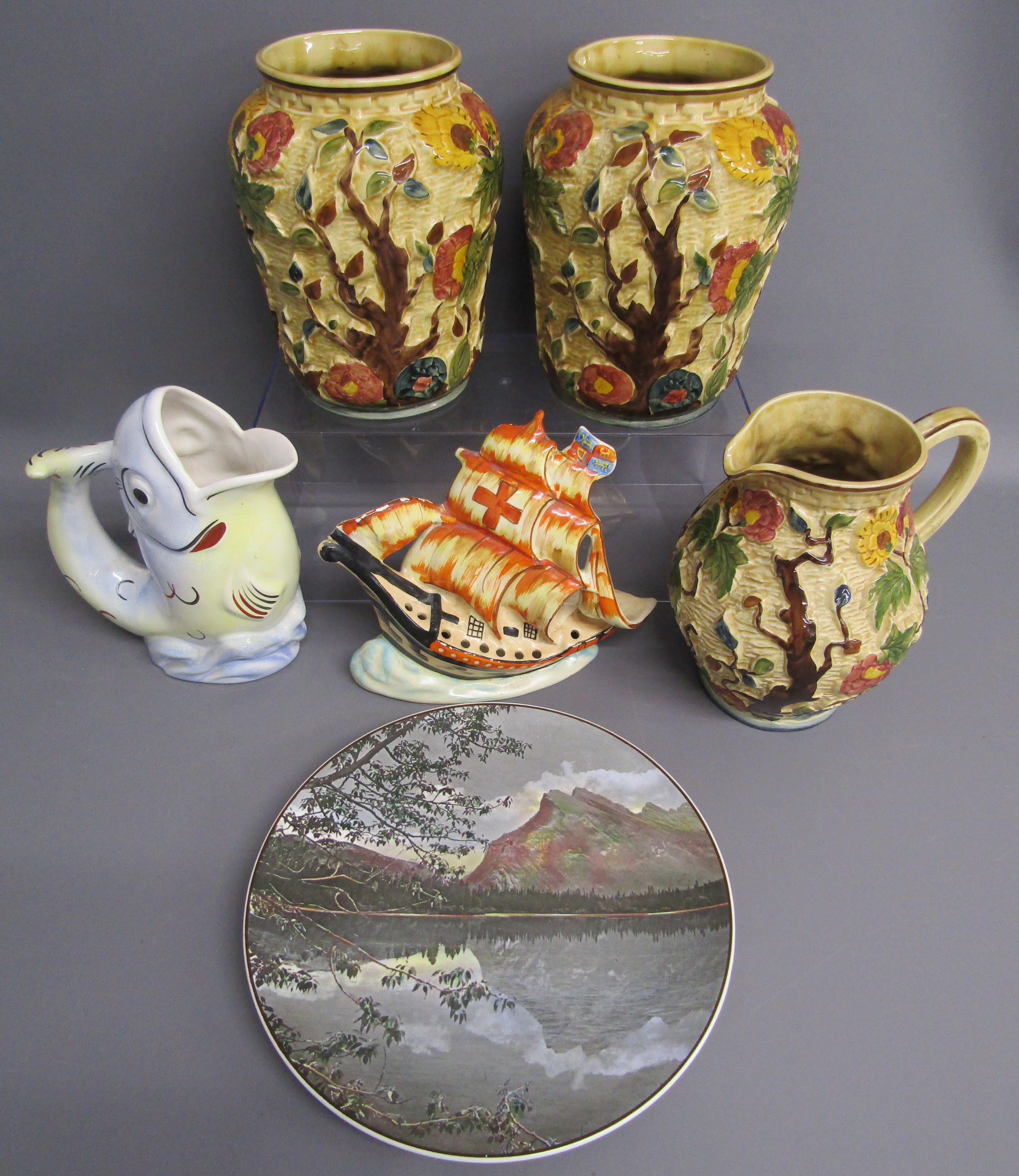 Arthur Wood 'Indian Tree' vases and jug, HMS Nelson, Czechoslovakia fish jug and a picture plate