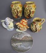 Arthur Wood 'Indian Tree' vases and jug, HMS Nelson, Czechoslovakia fish jug and a picture plate
