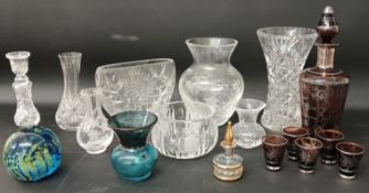 Small Murano glass vase, Mdina paperweight, amethyst glass decanter set & selection of crystal