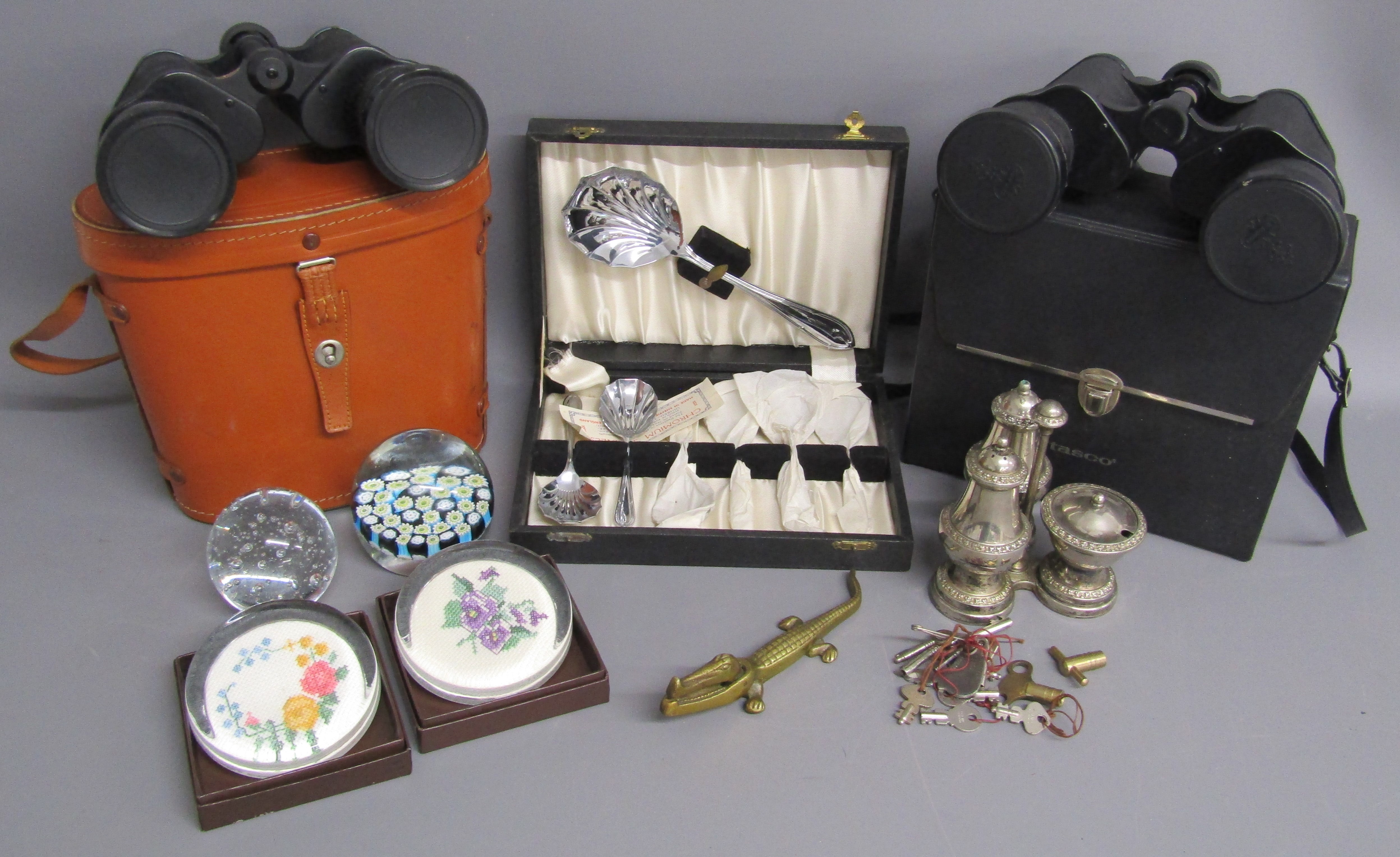 Binoculars - Tasco model 314 20x50 & Zenith 10x50, millefiori, cross stitch and bubble paperweights,
