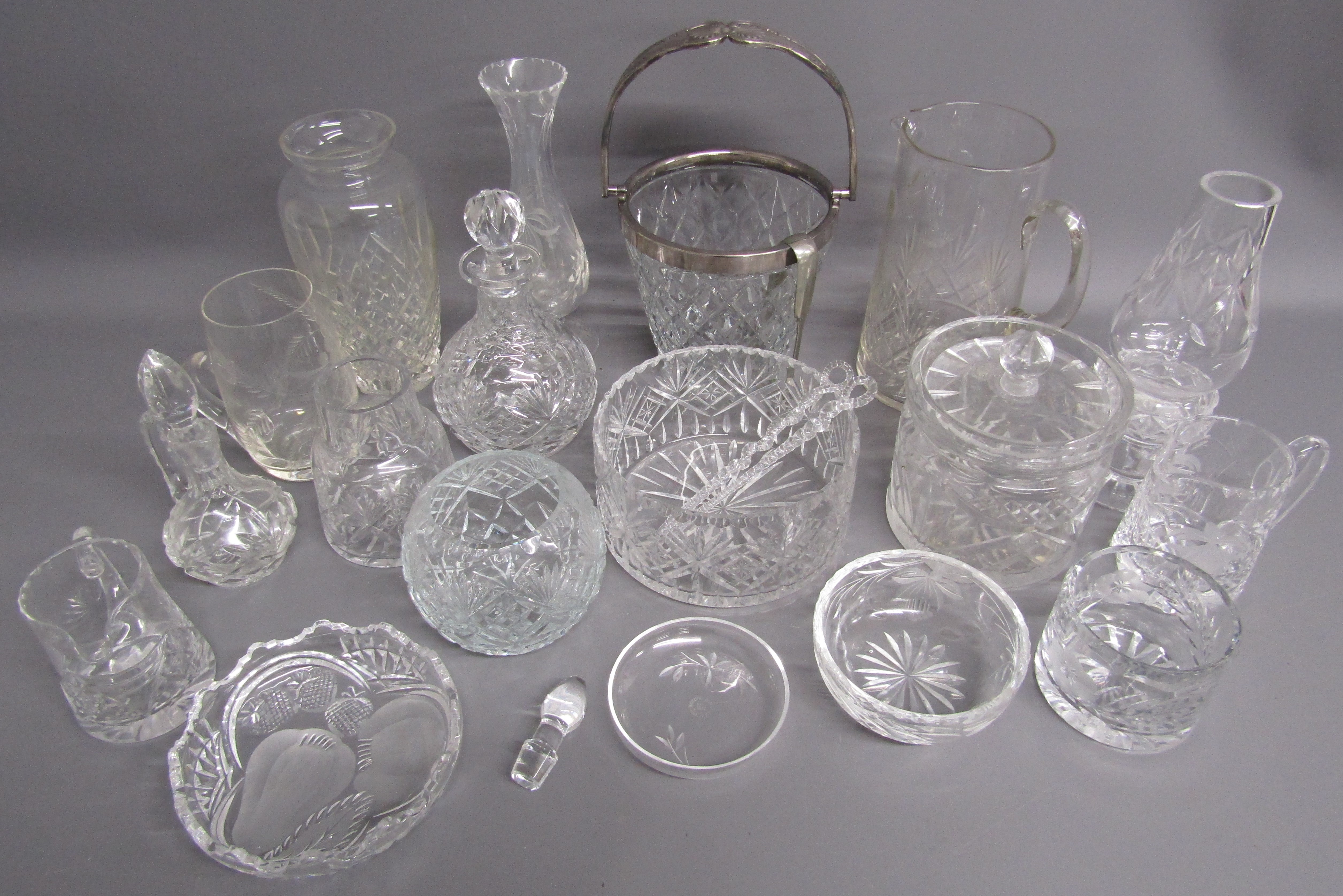 Collection of crystal glasseware includes Royal Doulton & Brierley, ice bucket, vases, jugs, etc
