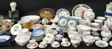 Selection of Aynsley, Wedgwood, Coalport trinket pots, vases, plates, 3 David Winter cottages,