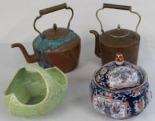 Wade Flaxman basket bowl, 20 century Oriental style covered bowl and 2 copper kettles