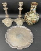 Pair of ornate silver plate candlesticks, cloisonné vase approx. 27cm & silver plate tray