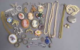Costume jewellery includes cameos, brooches, necklaces rings, RAF pin badges, Scouts tie pin etc