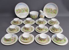 Tea set painted with Kate Greenaway style design of Victorian children playing on a farm includes