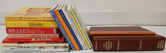 Quantity of price guide books on postcards, comics, children's books etc & 2 empty albums