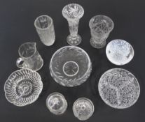 Selection of glassware, 3 x cut glass vases, glass trifle bowl 20cm, 2 glass sectional party dishes,