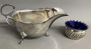 Silver sauce boat Birmingham 1906 & a salt with liner Birmingham 1845. Total silver weight 4.2 ozt