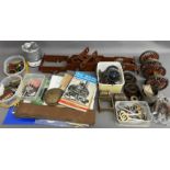 Model steam locomotive chassis, wheels & other parts along with model train books & plans for a