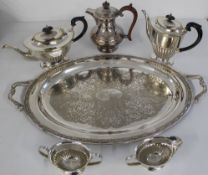 Silver plate tray with silver plate coffee pot, teapot, sugar and milk, plus one other silver
