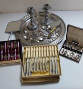 Selection of silver plate, chrome, stainless steel including vanity mirror, box of 6 teaspoons,
