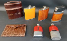 Whisky & Cognac flasks in Italian leather case, leather wallet, hip flask with tot cups and four