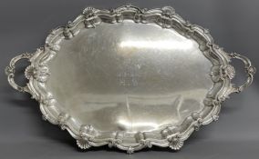 Large silver two handled tray in the rococo style, engraved centre, 126ozt by Walker & Hall