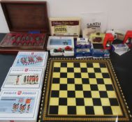 Greek style metal chess set with large chess board, 4 white metal army mould kits, woodworking set