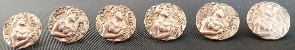 Cased set of six silver Art Nouveau buttons, Birmingham 1901 maker Reynolds & Westwood, dia.13mm