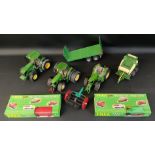 Britains Ertle John Deere tractor, 2 Siku tractors, trailer & baler, 2 x Typhoo Tea vintage vans