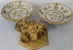 A pair of Cantagalli style majolica cake stands / fruit bowls and a Eichwald yellow ware majolica