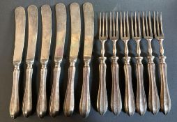 6 silver handled butter knives & forks and cased set diamond cut 22ct gold plated cufflinks, tie