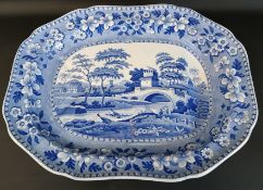 Large Spode Blue Tower pattern meat plate with gravy well, dia 52.5cm