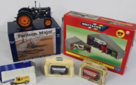Die cast models, Fordson Major E27N 1/16 (dusty but appears complete), Britains Farm Building set (