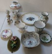Mixed selection of ceramics including Dresden reticulated floral porcelain basket with applied