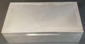 George V silver cigarette box, Walker & Hall Sheffield 1934, with Greek Key pattern and engraved