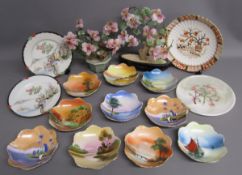 10 Noritake Japan painted scene dishes, hand painted plates with bird and mountain, onyx plate