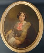 19th century oil on canvas oval portrait of a Victorian lady, unsigned, with later hard board
