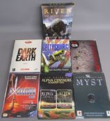 7 CD-Rom pc games - Myst - Riven - Excalibur 2555AD - alpha centauri -  2 x gettysburg one
