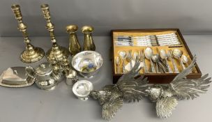 Canteen of Community Ware silver plate cutlery, pair of silver plate fighting cockerels, pair of