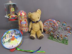 Tin toys includes Chad Valley gypsy tambourine - Schylling ride-a-rocket - wind up Big Wheel -
