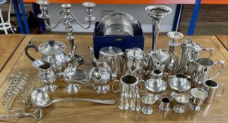 Silver plate tea & coffee sets, candelabra, boxed & loose coasters, ladle etc