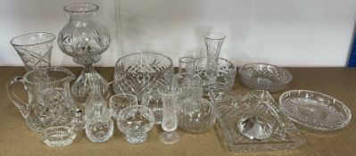 Various crystal glass items including a table lamp, bowls etc