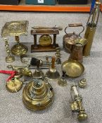 Various items of brass & copperware including a GWR railway carriage lamp (glass broken), shell