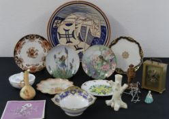 Mixed ceramics including, large charger, battery carriage clock (not tested) Belleek vase, treen