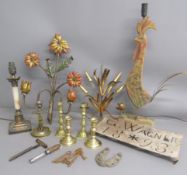 Metal ware includes flower and wheat wall sconce candle holders - G.Wagner 1893 metal sign - brass