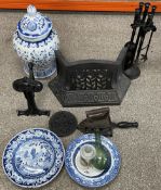 Large modern Chinese lidded jar, 3 Victorian plates & another, old bottle, 3 chemists jars (on