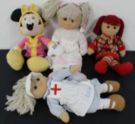 Three rag dolls and one Minnie Mouse plush toy, all as new