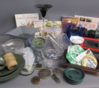 Vases and flower arranging materials, includes blue handkerchief vase, Oasis bind wire, wire, fix,