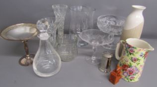 Glassware includes decanter, footed dishes, jug, vases, also Abbey Ceramics floral jug, modern vase,