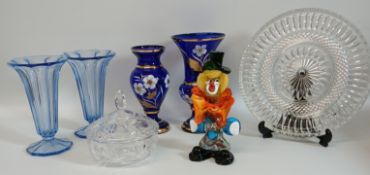 Murano glass clown, pair of pressed blue glass vases, 2 Czech Republic Bohemian cobalt blue glass