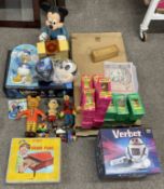 Mickey Mouse & other Disney dolls, Verbot robot, Tetley Teafolk figures, bagatelle board etc